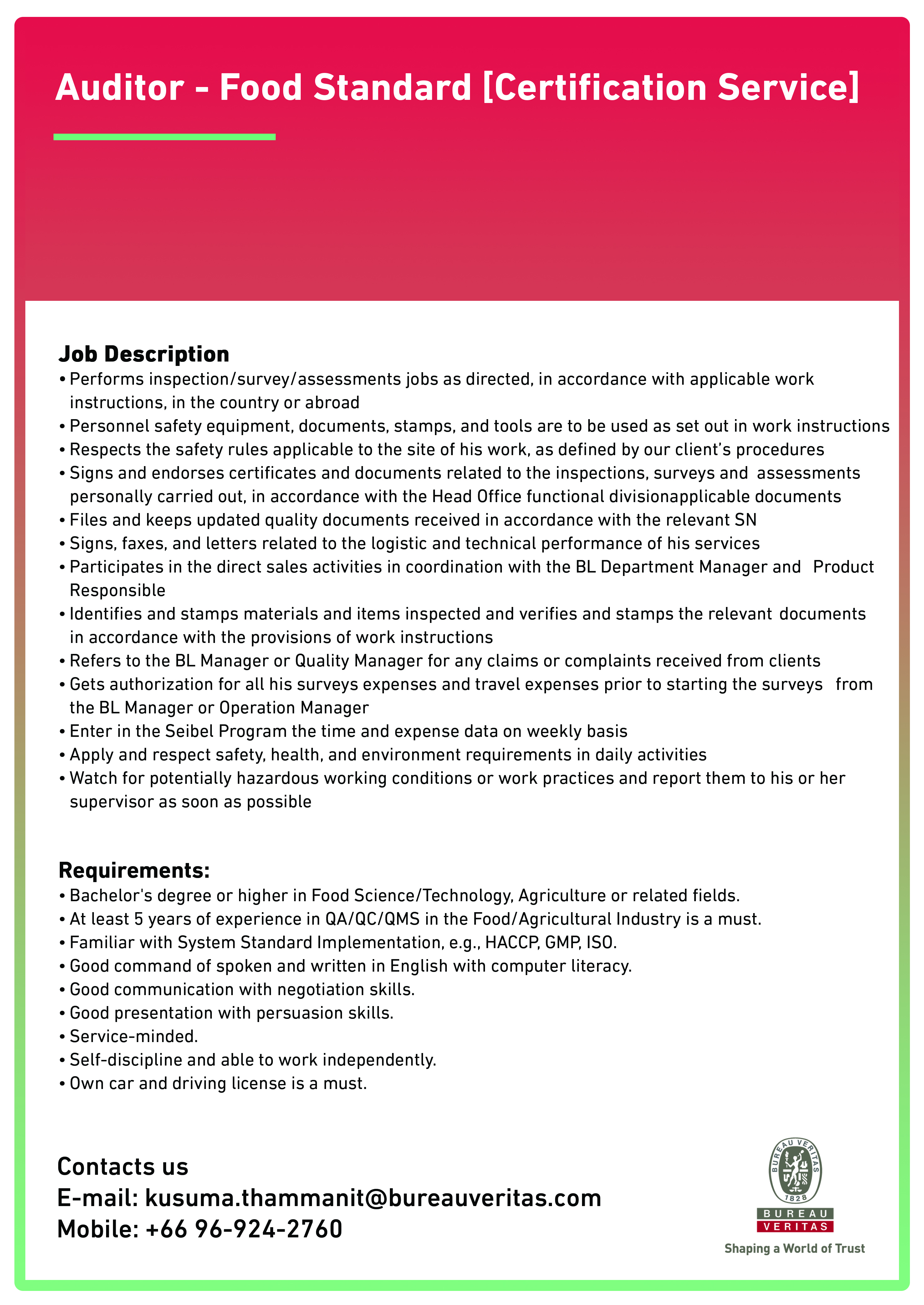 BV job offer - Auditor - Food Standard [Certification Service]