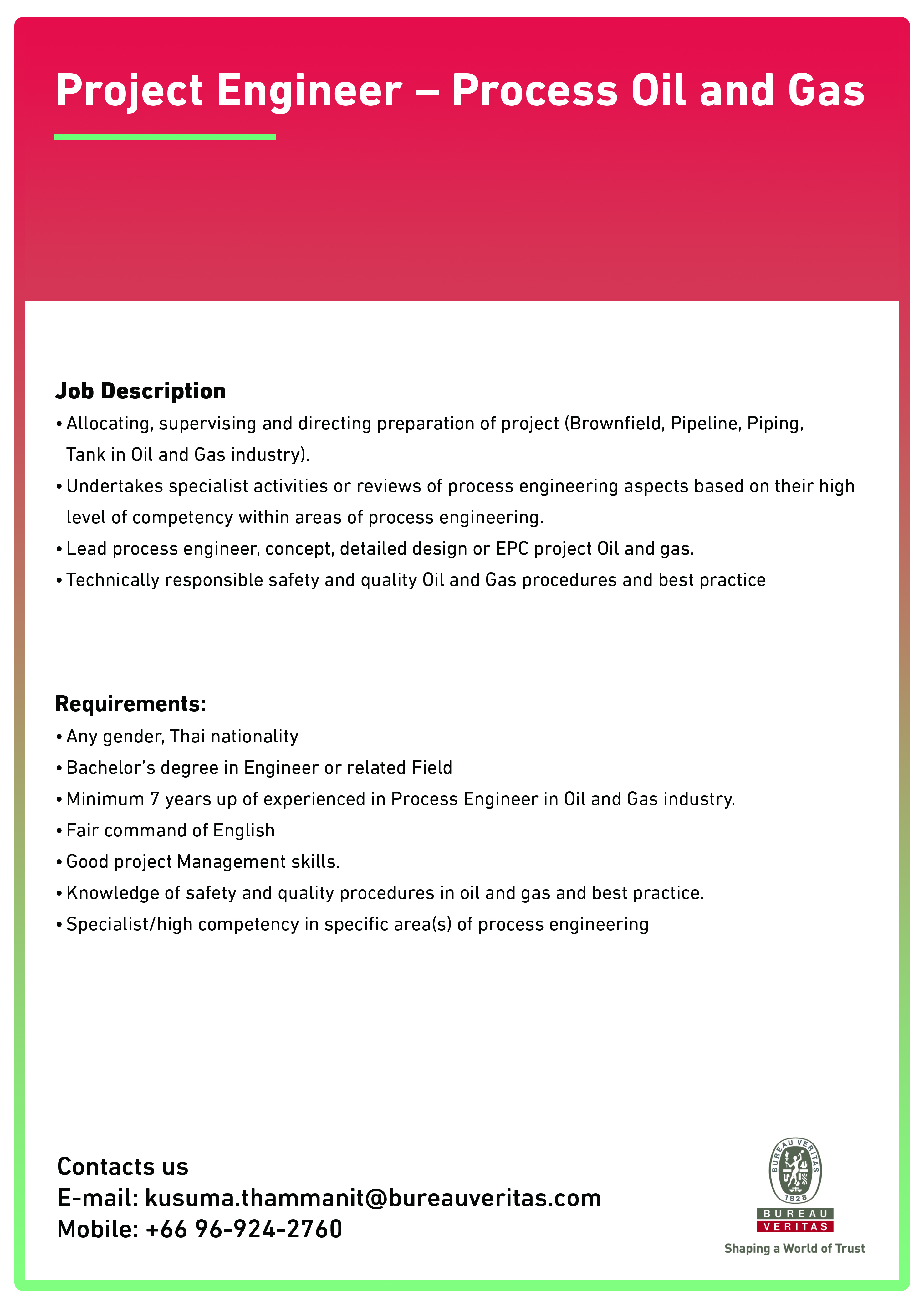 BV job offer - Project Engineer – Process Oil and Gas 