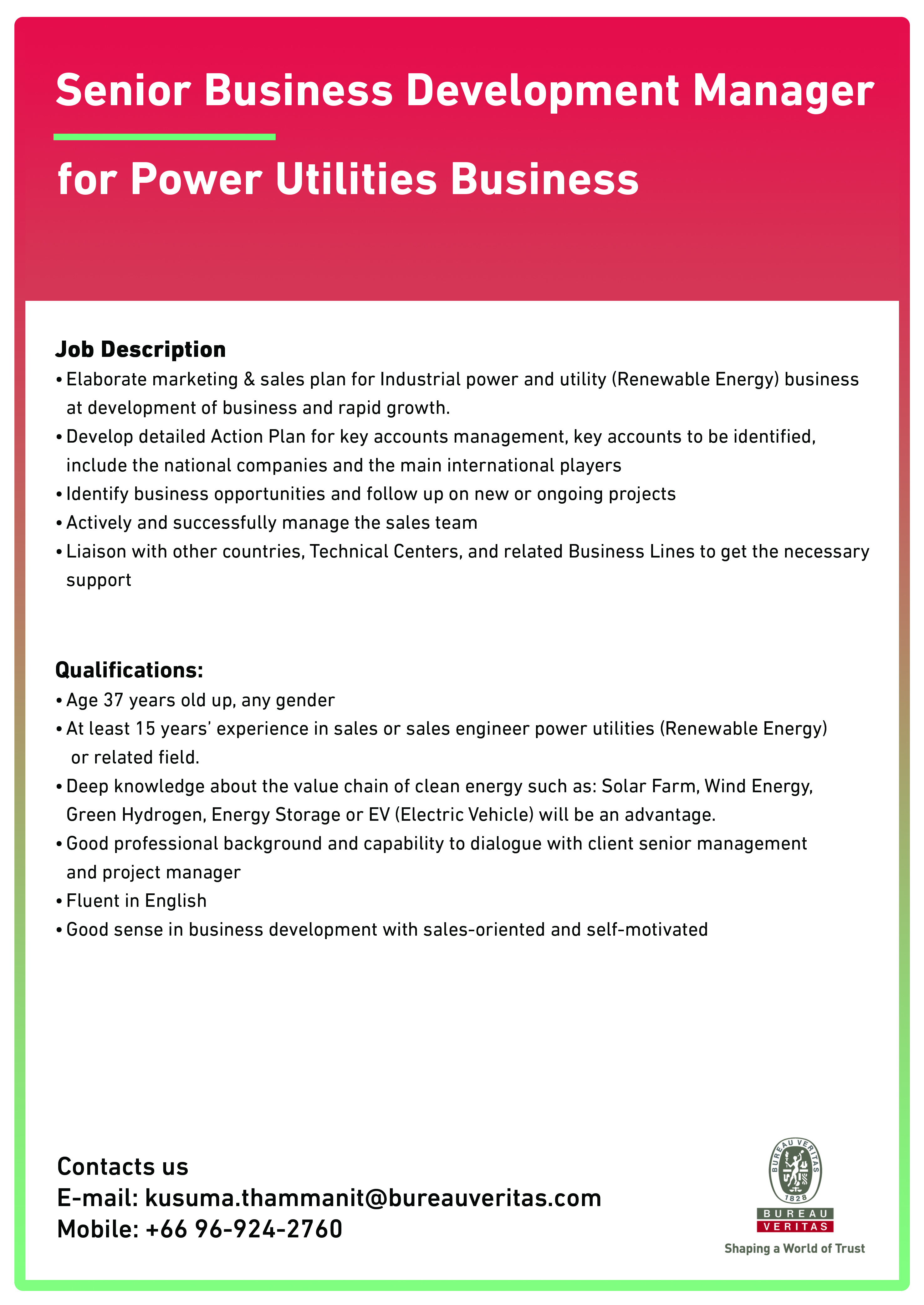 BV job offer - Senior Business Development Manager for Power Utilities Business