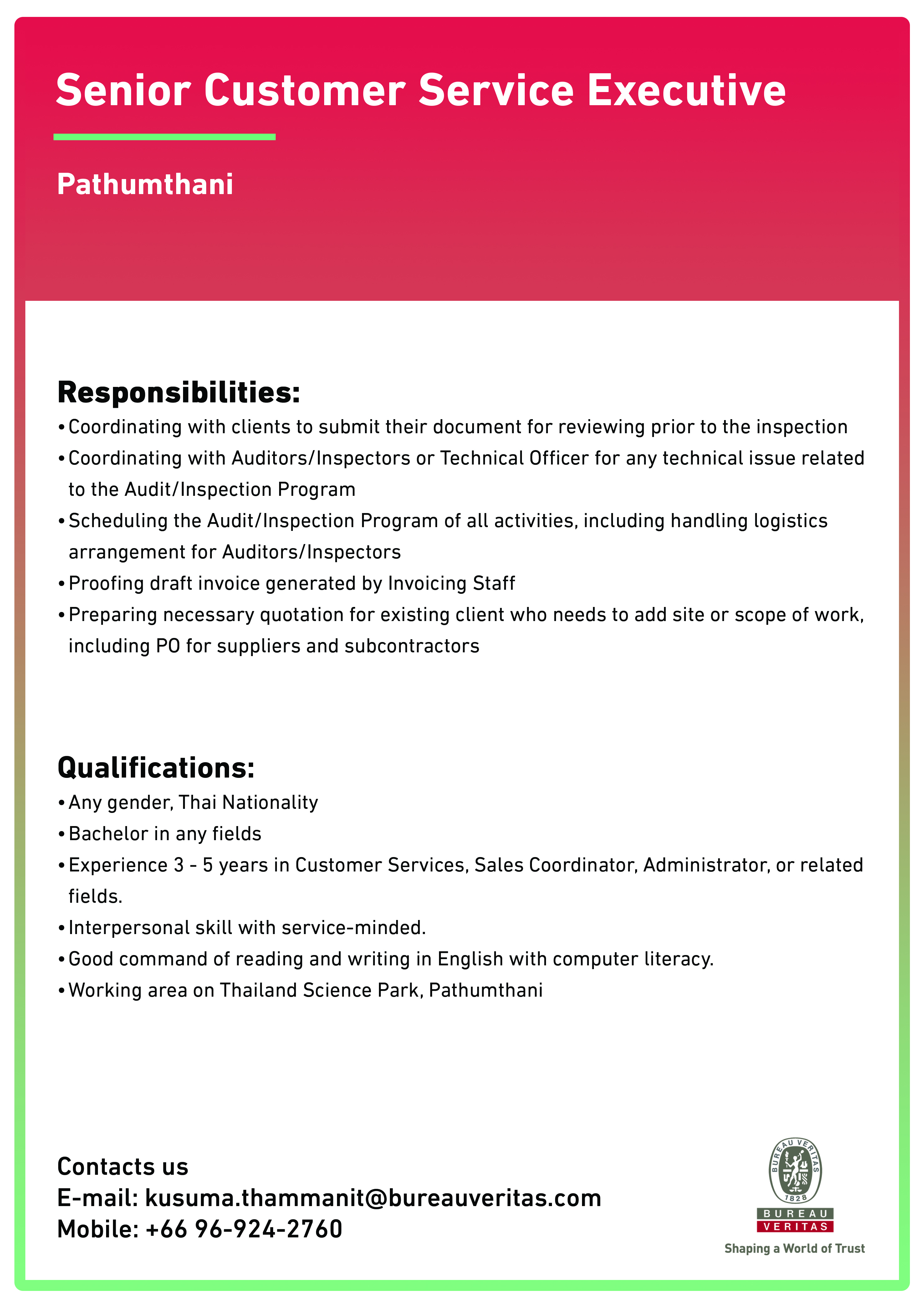 BV job offer - Senior Customer Service Executive (Pathumthani)